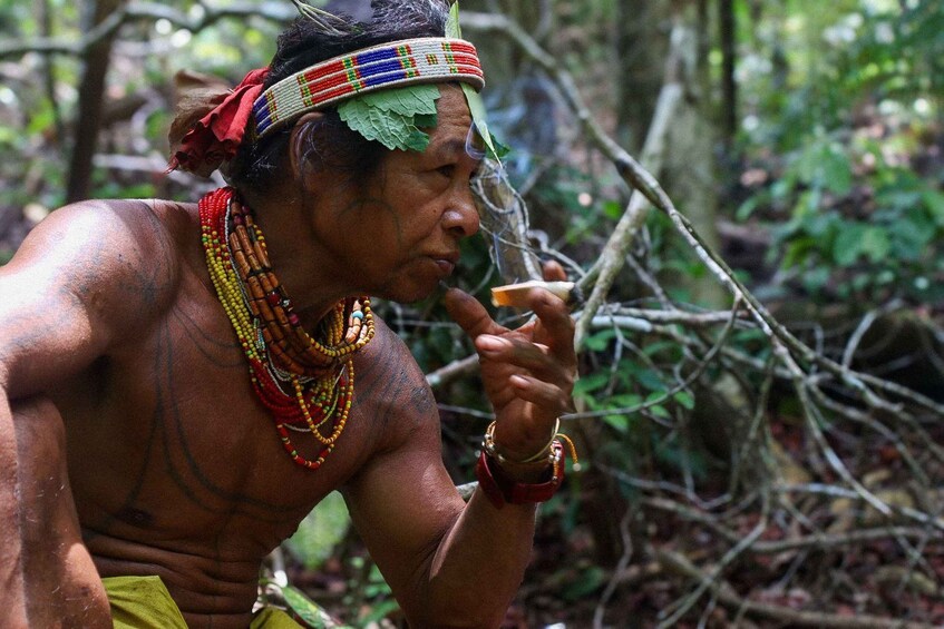 A person in traditional attire with beads and a leaf headband, surrounded by dense forest. 5