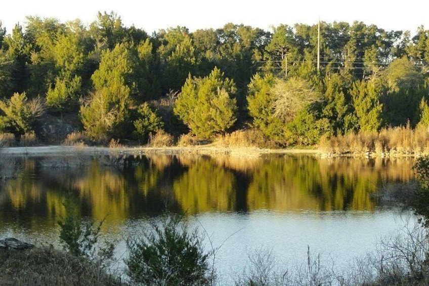 A calm lake surrounded by trees and a clear sky. 3