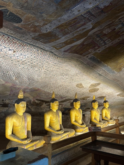 Golden Buddha statues seated in a row under a patterned ceiling. 2
