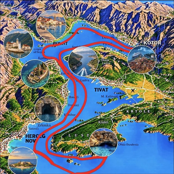 A map of Croatia with marked locations and scenic views. 1