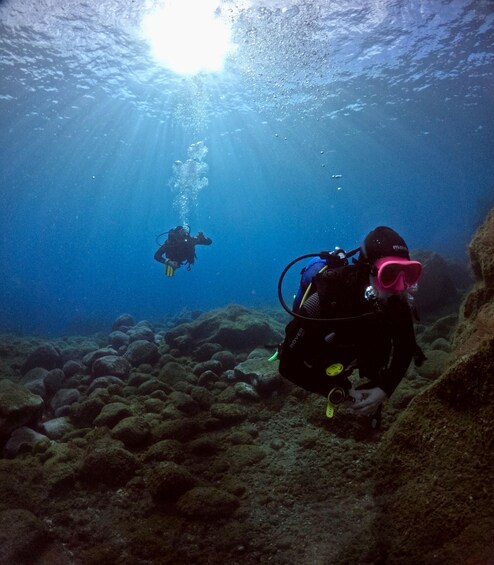 Two scuba divers underwater with sunlight filtering through the water. 5