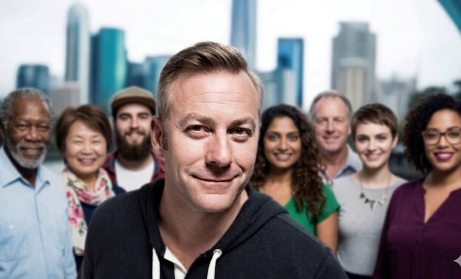 A group of people in an urban setting with a city skyline in the background. 1