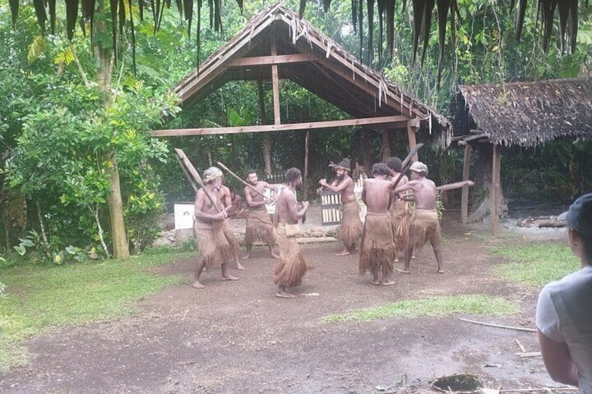 A group of people in traditional attire performing an activity in an outdoor setting with a thatched-roof structure. 3