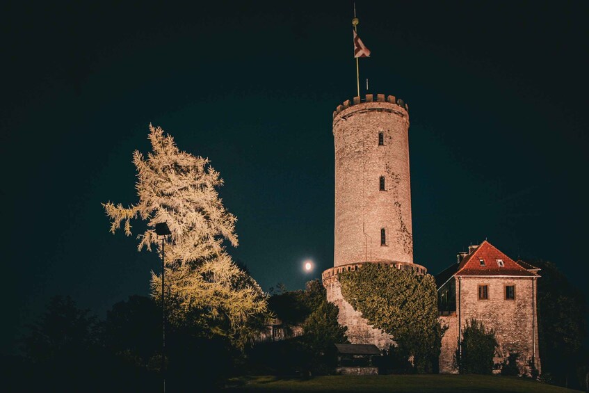 A tower with a flag, a tree, and a building at night. 3