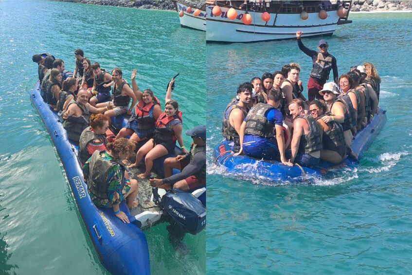 A group of people on a blue inflatable raft in clear turquoise water. 2