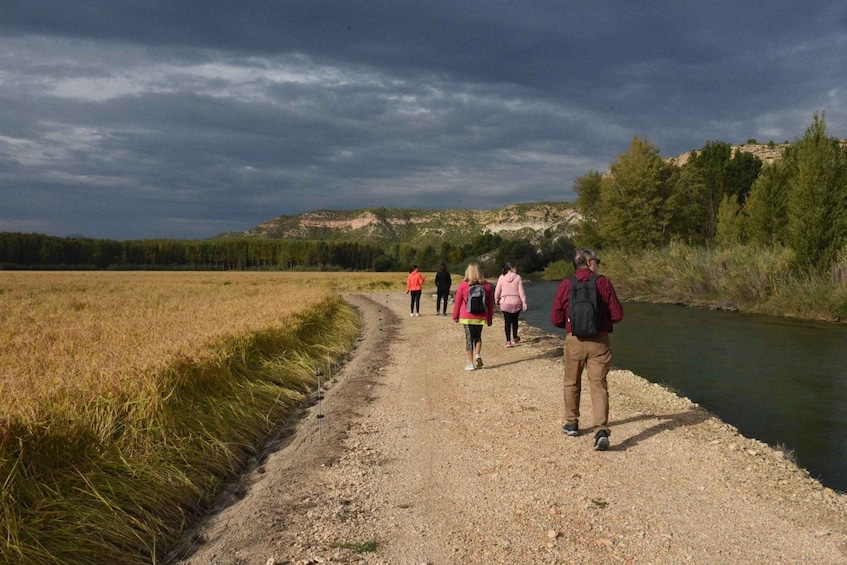 A group of people hiking along a dirt path beside a river, with a forested hill in the background. 5