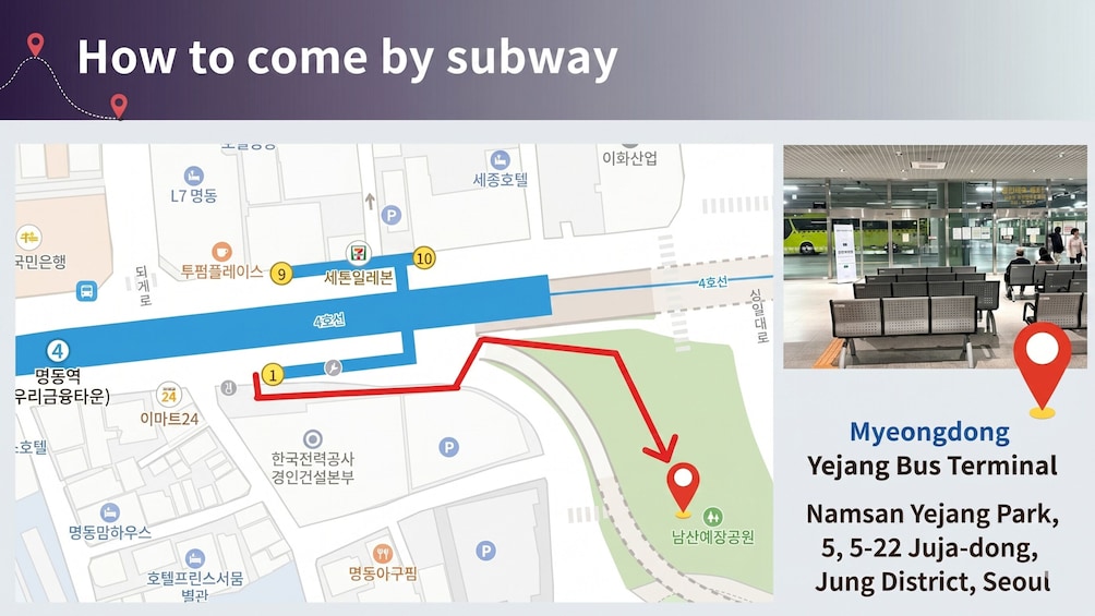 Soulissa sijaitsevan Myeongdongin linja-autoaseman reitti on merkitty punaisella viivalla tässä metrokartassa. 4