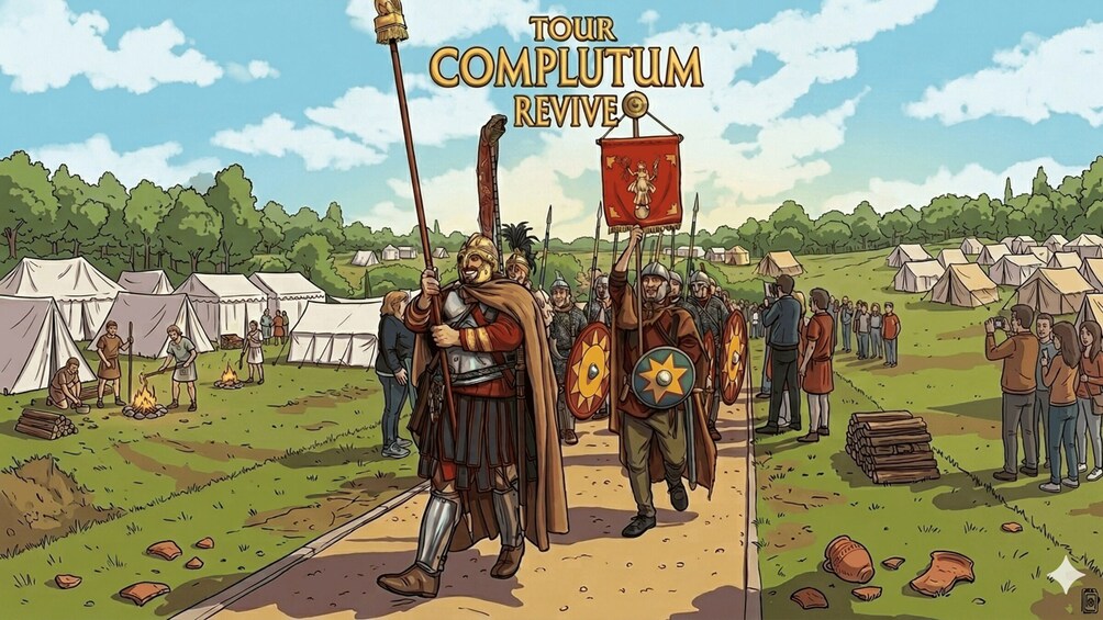 A medieval scene with tents, a procession of armored figures, and a banner reading 'TOUR COMPLETUM REVISE.' 1