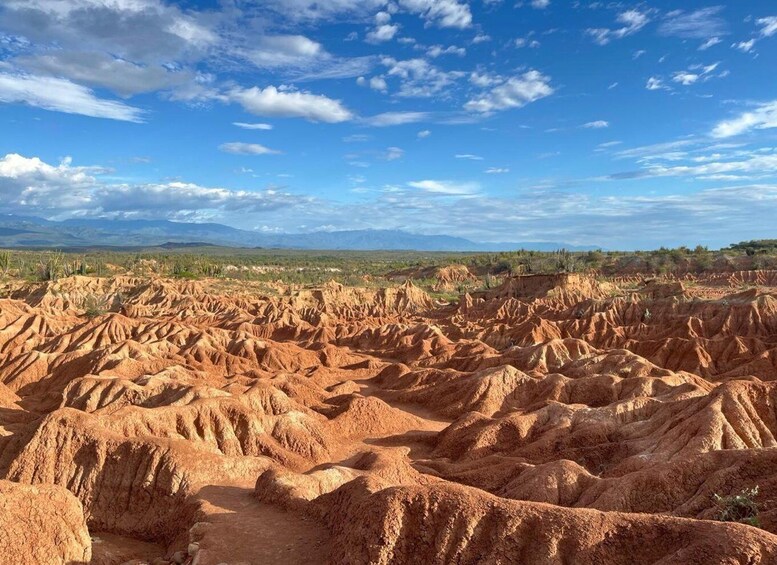 A vast landscape of eroded red rock formations under a clear blue sky. 1