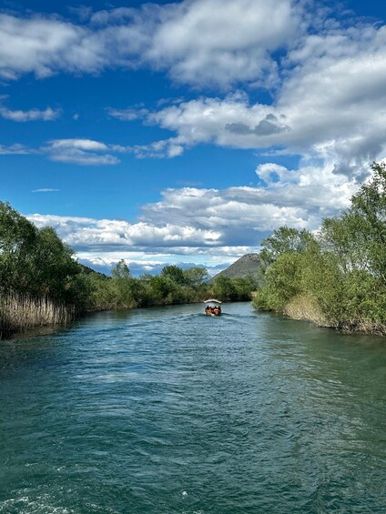 A river with a boat, surrounded by dense greenery and a partly cloudy sky. 2