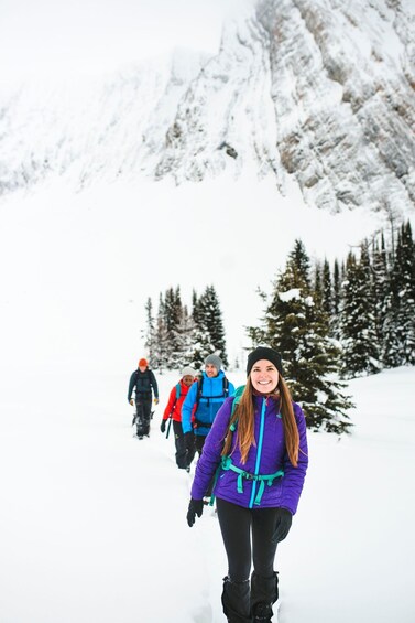 A group of people hiking in a snowy mountainous area. 1