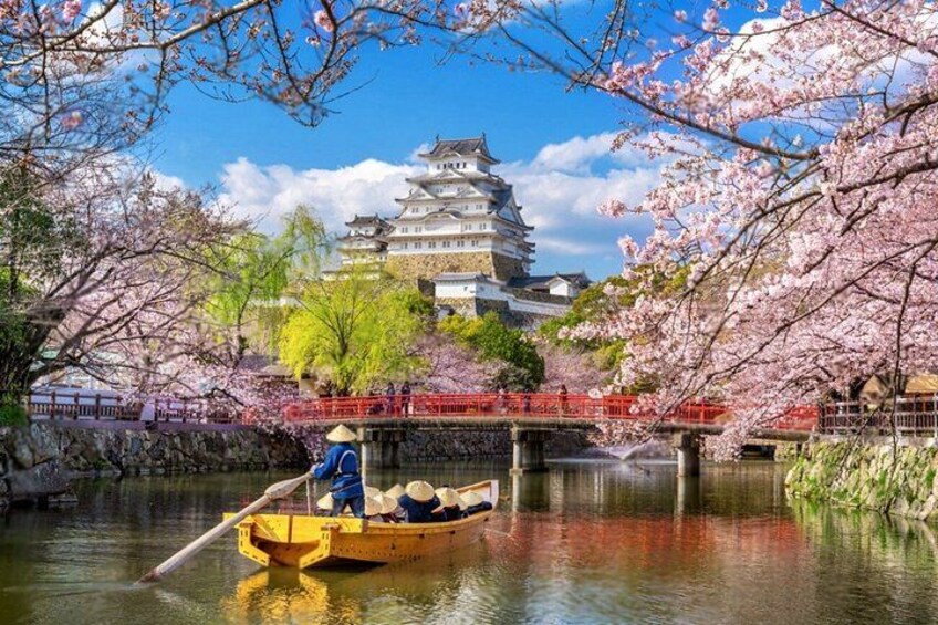 Een traditioneel Japans kasteel, kersenbloesems, een rivier en een boot met een roeier. 1