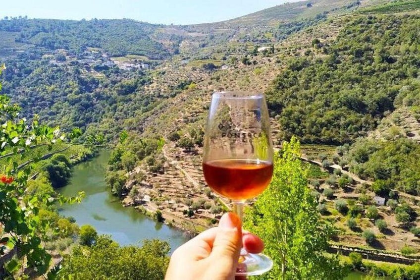 A hand holding a wine glass with a vineyard and a river in the background. 3