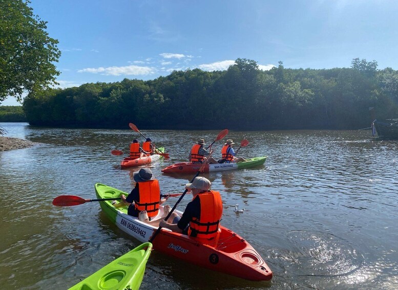 People kayaking on a calm river surrounded by trees. 1
