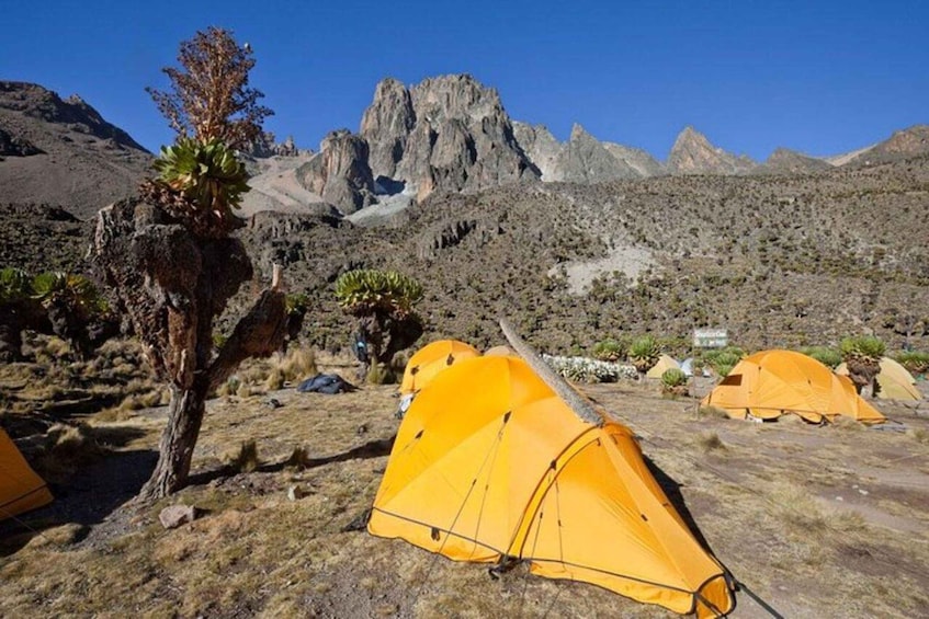 A mountainous landscape with tents and sparse vegetation. 3