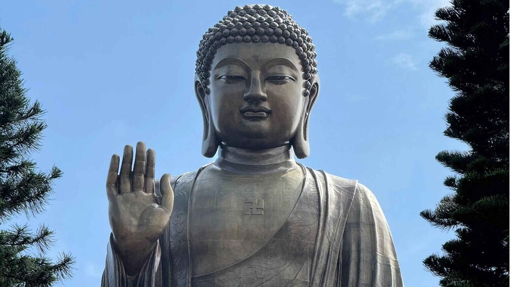 A large Buddha statue with a raised hand, surrounded by trees. 5