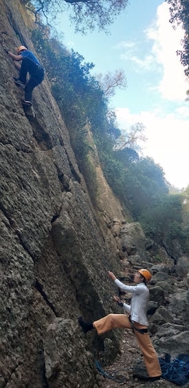 Two people rock climbing a rocky cliff with trees in the background. 3