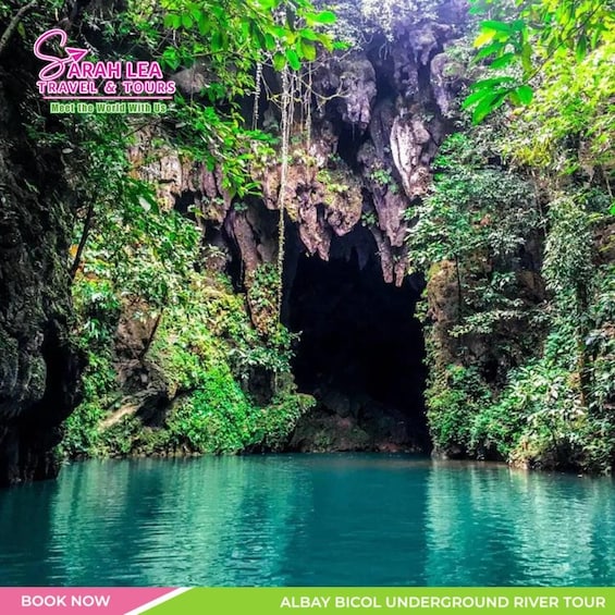A cave entrance with water at the base, surrounded by lush greenery. 2