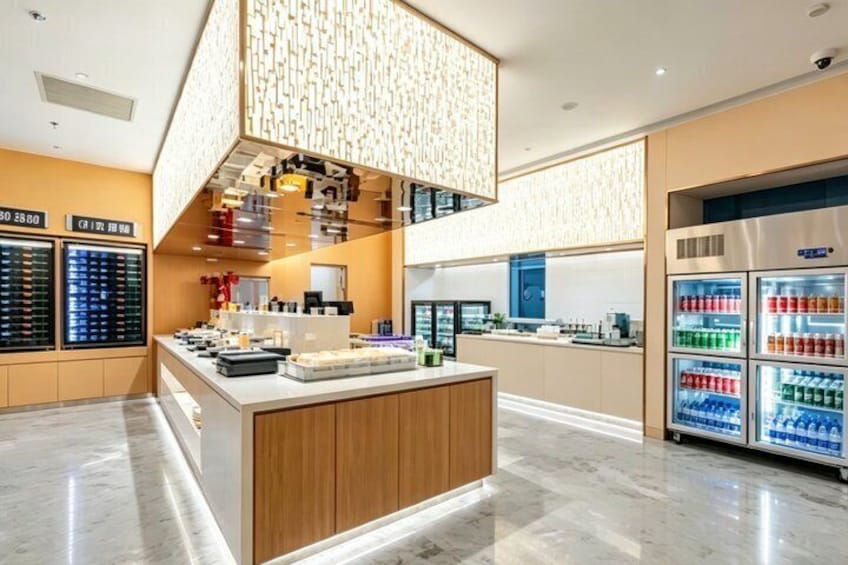 A modern kitchen with a wooden island, stainless steel appliances, and a refrigerated display case. 3