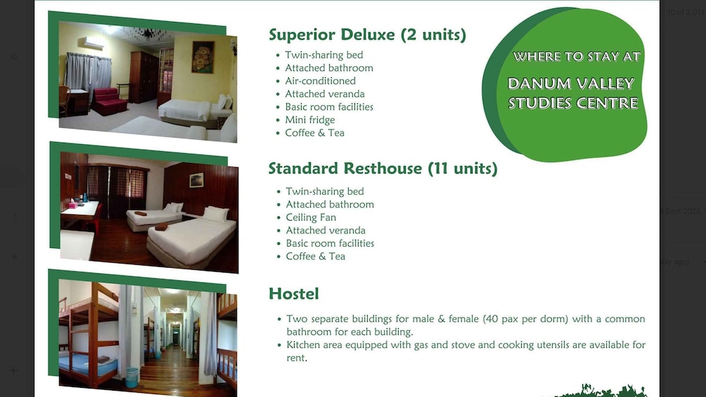 Superior Deluxe and Standard Resthouse accommodations at Danum Valley Studies Centre, including twin-sharing beds, attached bathrooms, and basic room facilities. 3