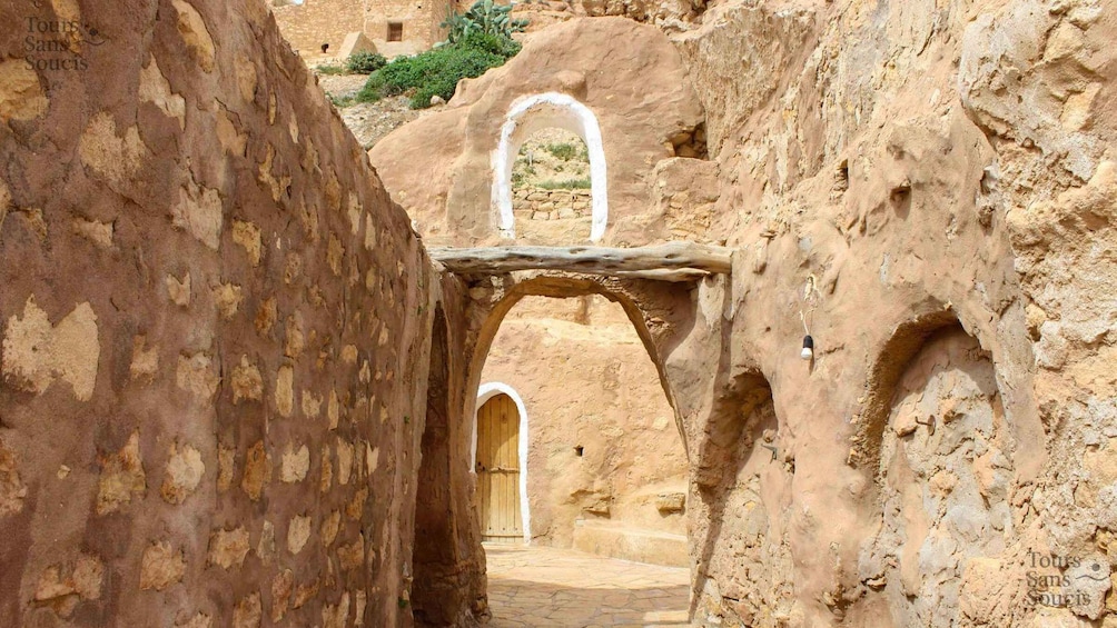 A narrow passageway with a wooden door and an arched stone structure. 2