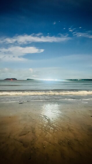 A beach with waves, a distant island, and a clear sky. 5
