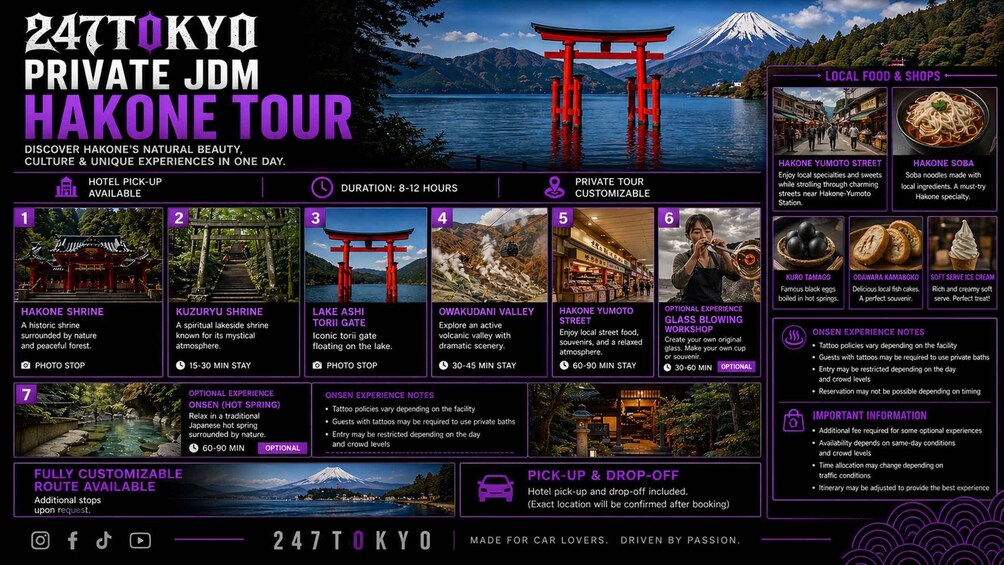 A 8-12 hour tour of Hakone, including shrines, a glass blowing workshop, and local food options. 4
