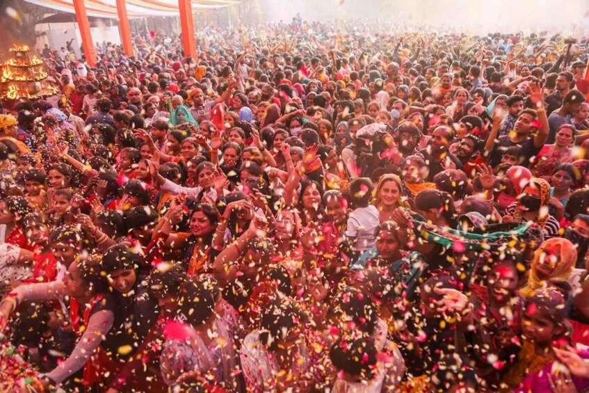 A large crowd participating in a colorful event, possibly a festival, with confetti or flower petals being thrown. 2