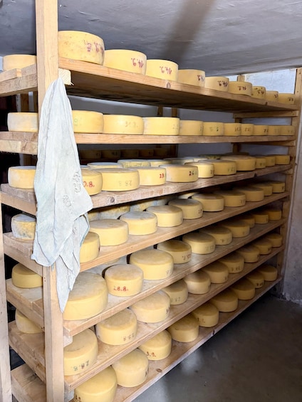 A cheese aging room with wooden shelves holding numerous wheels of cheese, each labeled with a number. 3