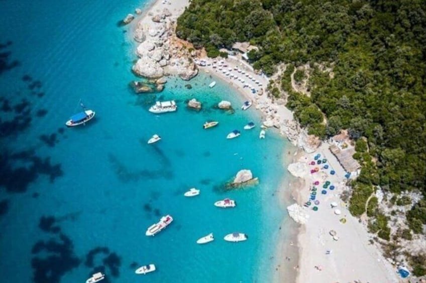 Une zone côtière avec des bateaux, une plage de sable et une zone boisée. 3