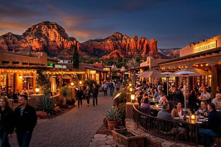 A bustling outdoor dining area with multiple restaurants, including 'The Red Rock Bistro' and 'Sedona Grill,' set against a backdrop of red rock formations. 5