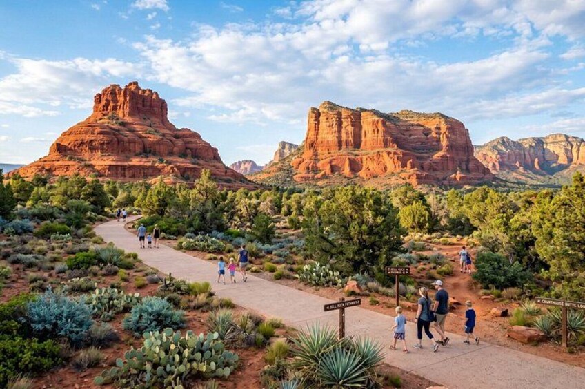 A desert landscape with a paved path, cacti, and red rock formations. 4