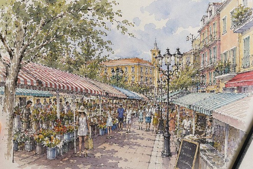 Ein belebter Markt im Freien mit Händlern und Käufern. 2