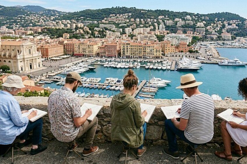 A coastal town with a marina, historic buildings, and people observing the view. 4