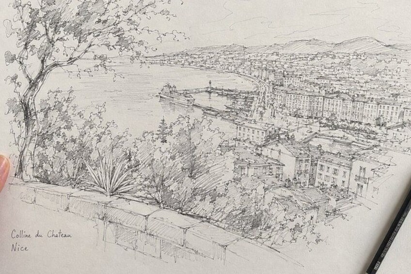 A detailed pencil sketch of a coastal cityscape with a prominent tree, buildings, and a bridge. 2