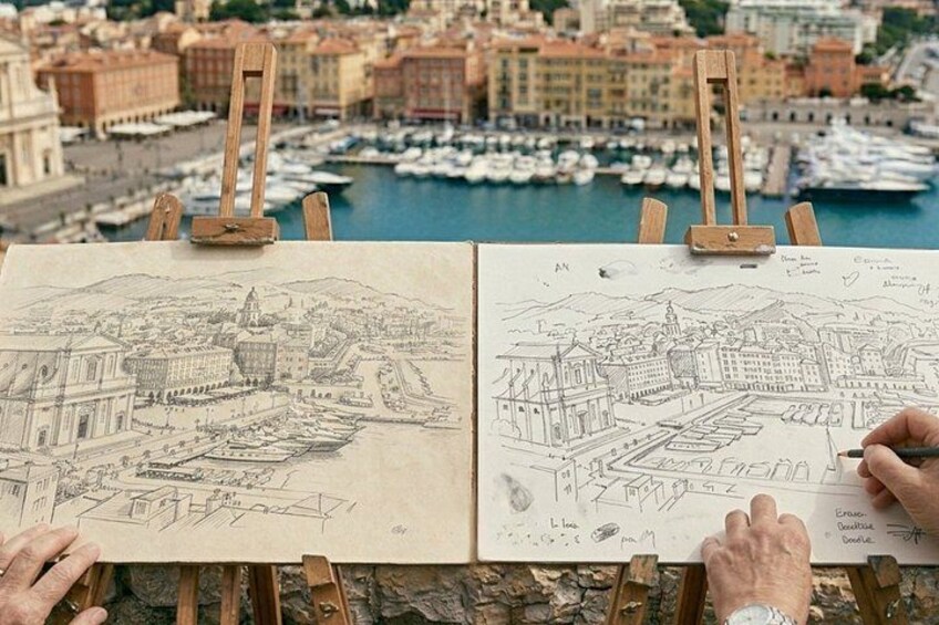 Two artists sketching a coastal cityscape with a harbor and boats in the background. 3