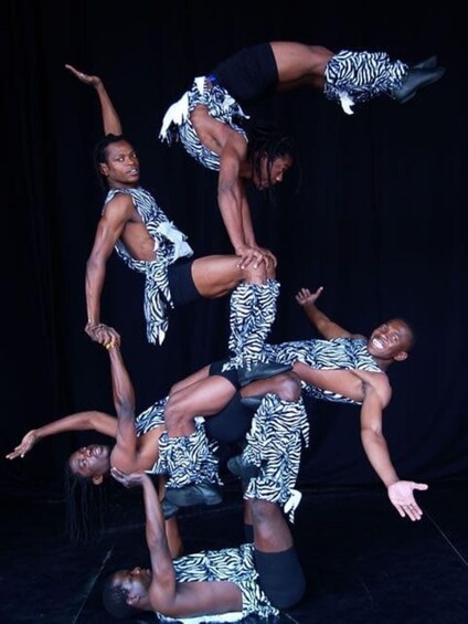 A group of performers in zebra-print costumes performing an acrobatic act. 1