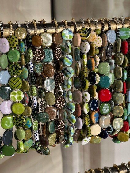 A variety of colorful beads on display. 4