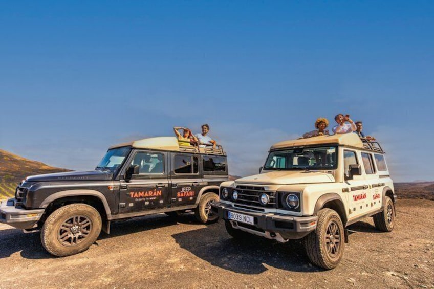 Twee safariwagens met passagiers, geparkeerd op een zandweg onder een heldere lucht. 4