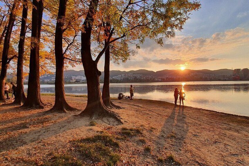 A lakeside scene with trees, a sunset, and people walking. 3