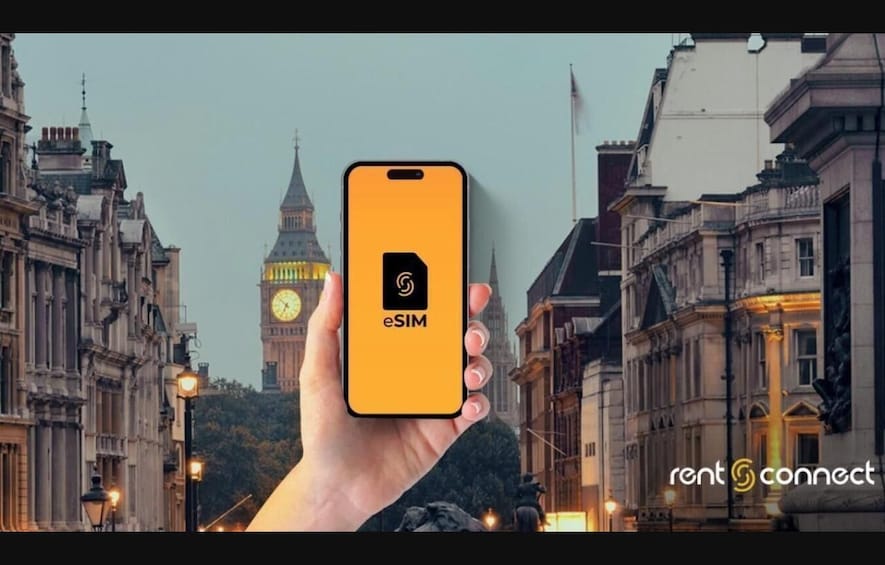 A hand holding a smartphone with the eSIM app displayed, with the London skyline and Big Ben in the background. 1