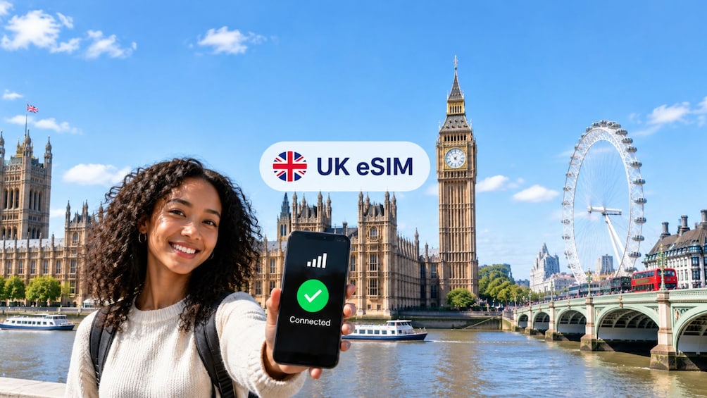 Une personne tenant un smartphone doté d’une application eSIM britannique, avec en arrière-plan des monuments emblématiques de Londres, comme Big Ben et le London Eye. 1