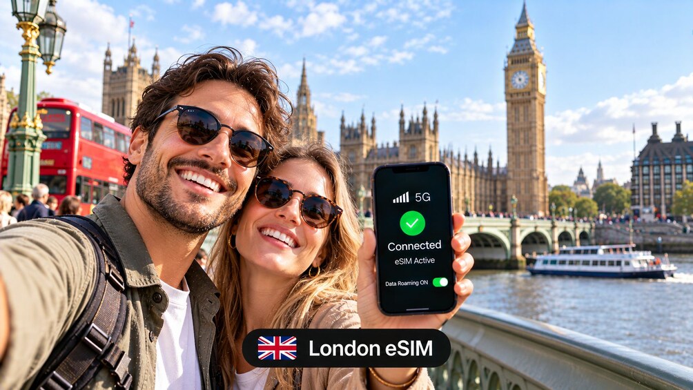 Une personne tenant un smartphone affichant une connexion 5G et l’activation d’une carte eSIM. 3
