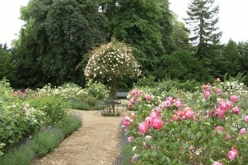 A garden with a gravel path, pink roses, and a wooden bench. 3