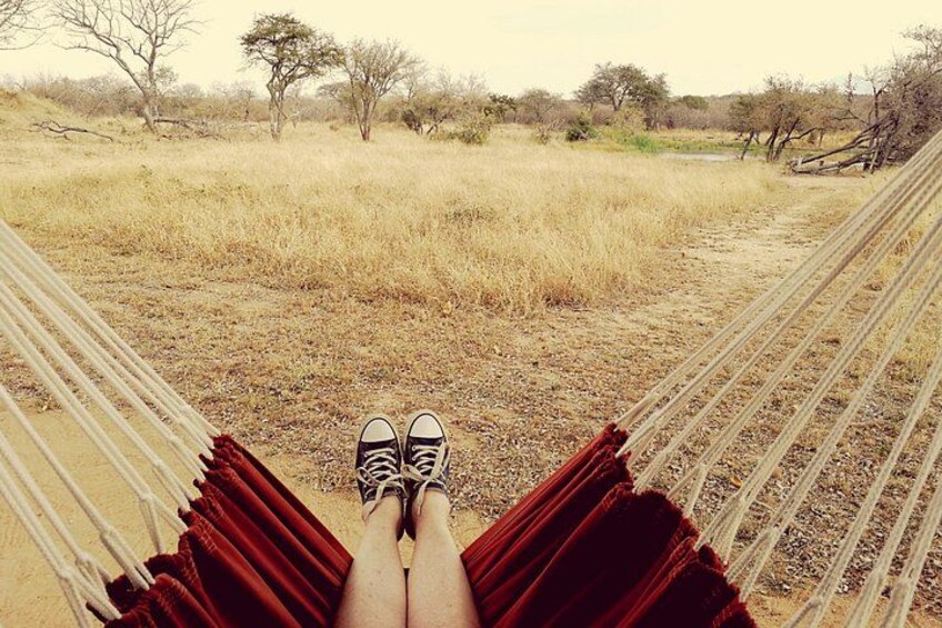 A hammock with red fabric, a pair of black and white sneakers, and a dry grassland landscape with sparse trees. 4