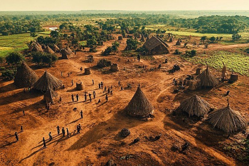 A rural landscape with thatched-roof huts and people walking. 1