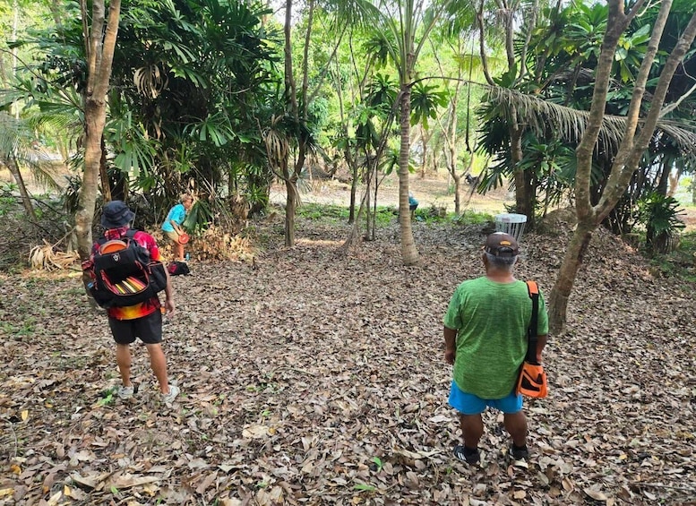 Two people hiking in a forest with leaf-covered ground and dense green foliage. 2