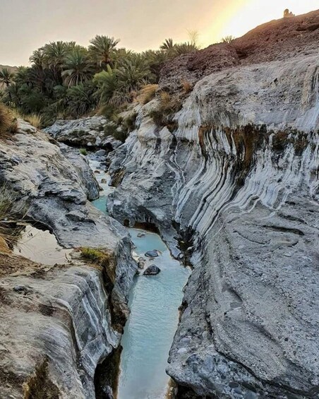 A rocky canyon with a narrow stream flowing through it. 2