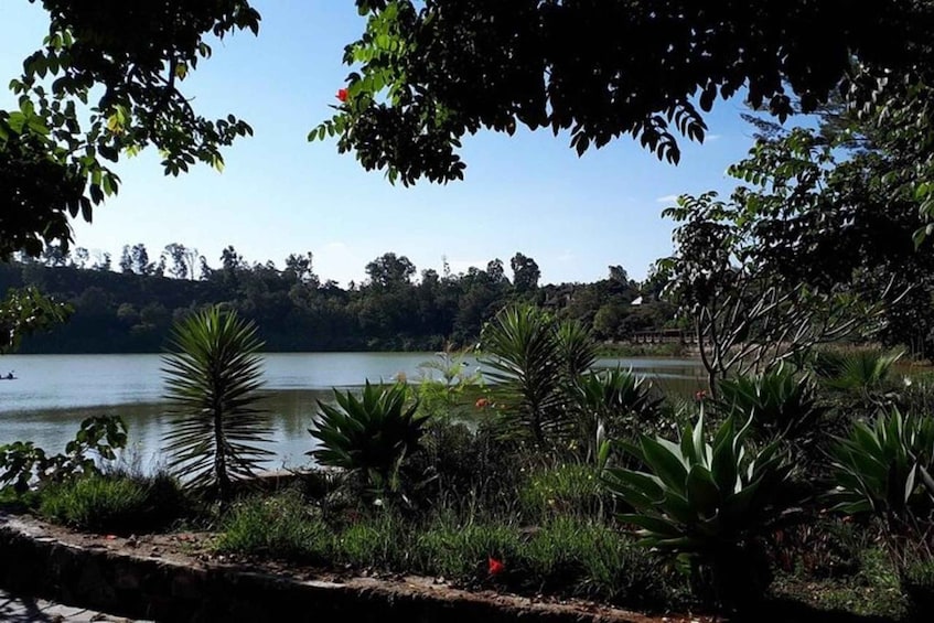 A lake surrounded by lush greenery and trees. 1