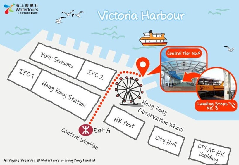 Victoria Harbour with landmarks like Central Pier No.9, Hong Kong Observation Wheel, and Central Station. 4